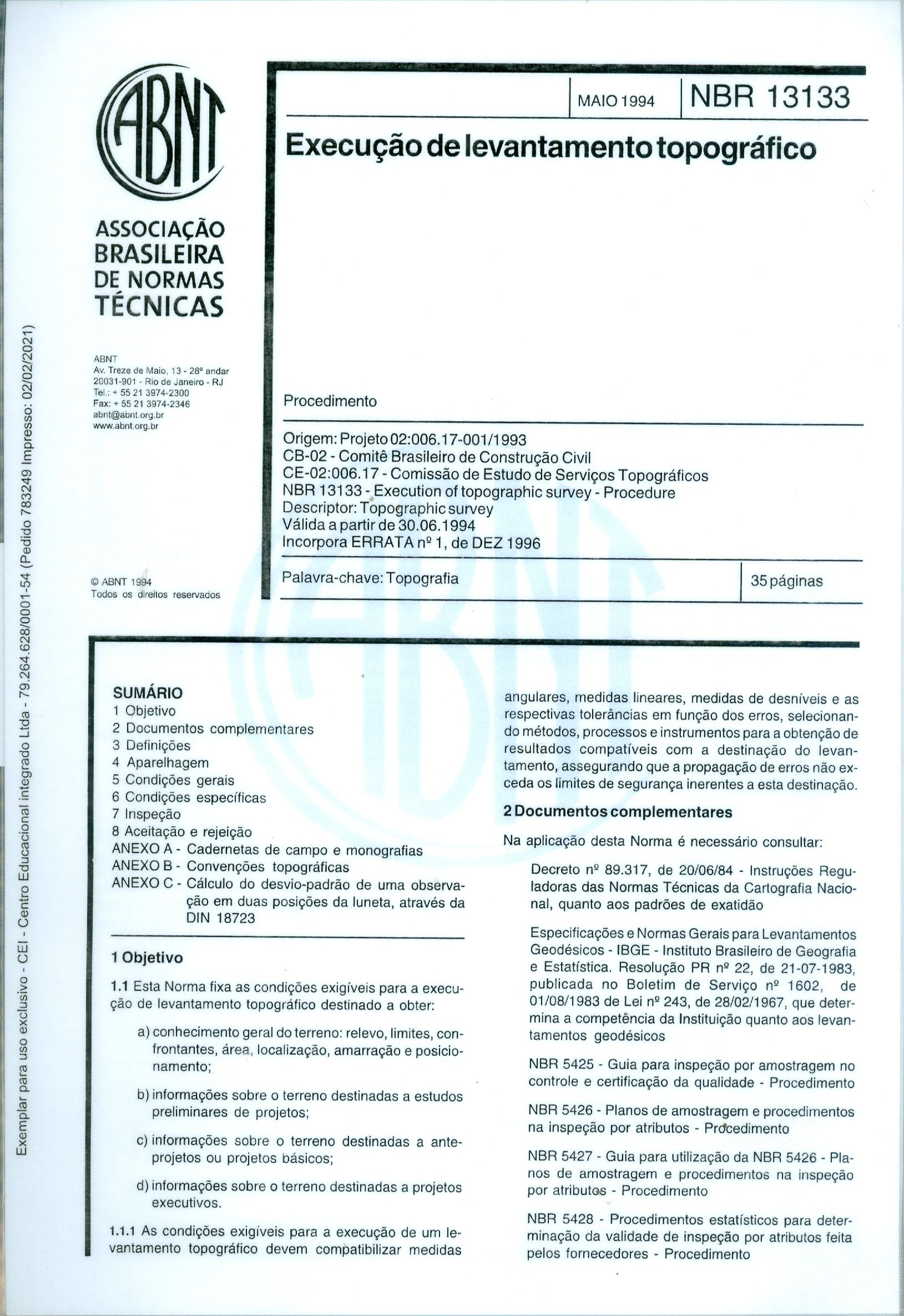 NBR 13133 : EXECUÇÃO DE LEVANTAMENTO TOPOGRÁFICO